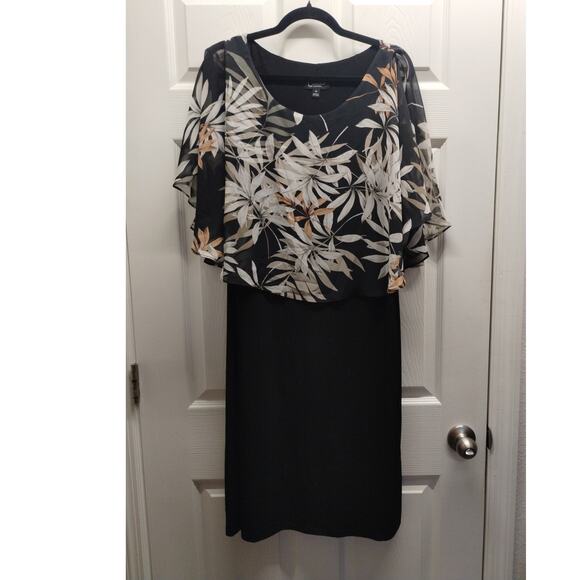 Connected Apparel Womens Size 16 Black Midi Shift Dress Sheer Leaf Print Overlay - Picture 1 of 6